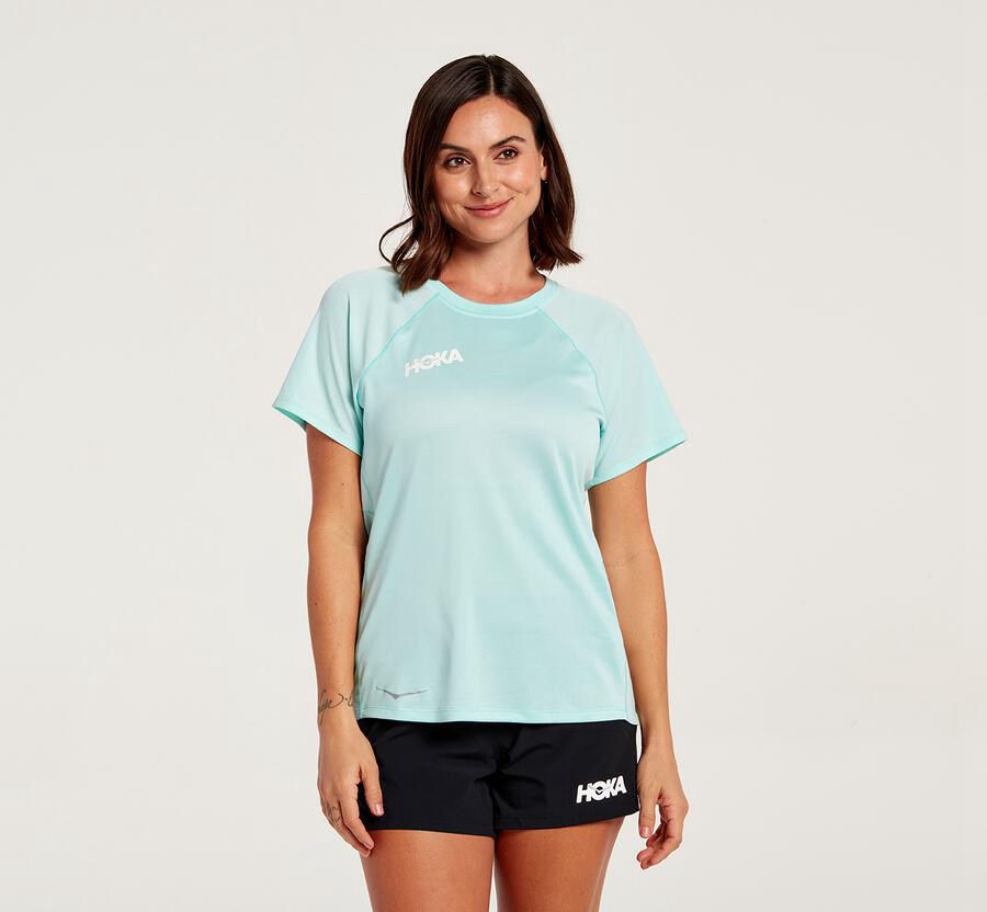 Hoka One One Tops Womens Blue - Performance Short Sleeve - 76098GPKT